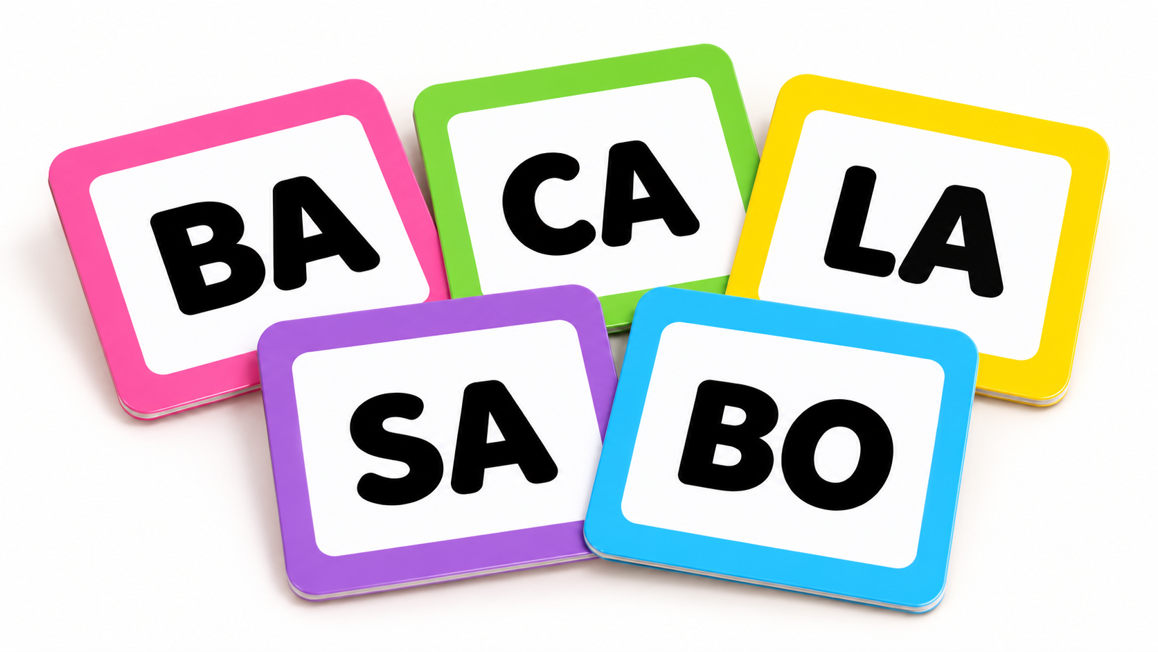 Cartas coloridas com as sílabas BA, CA, LA, SA e BO