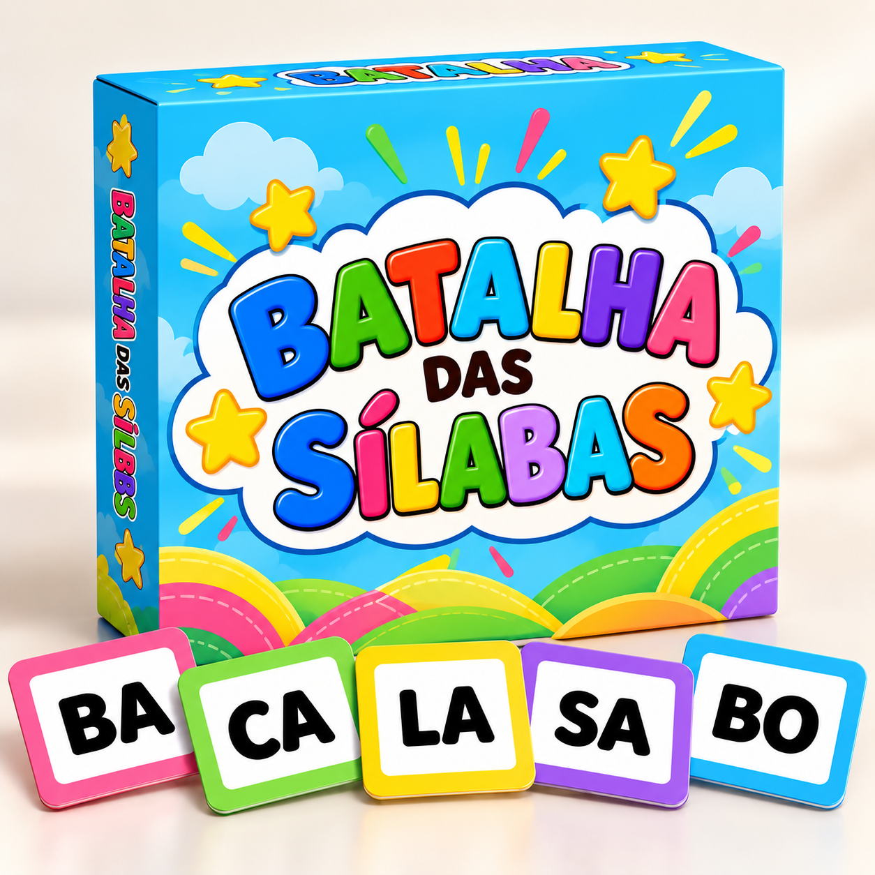 Caixa do Batalha das Sílabas com cartas de sílabas